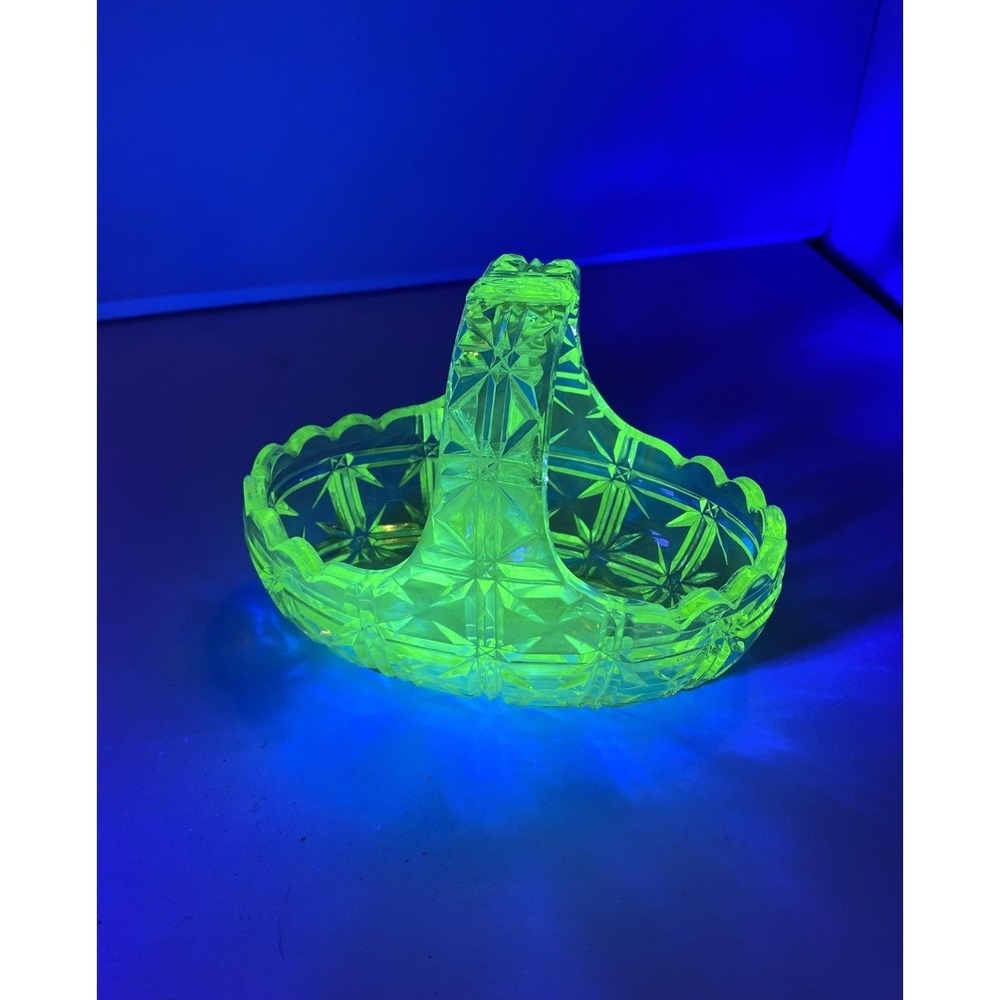 EAPG George Duncan Sons Uranium Vaseline Glass Maltese Cross Mini Basket